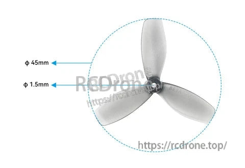 45mm prop disk diameter and 1.5mm shaft hole size diagram for the 3-blade grey propeller