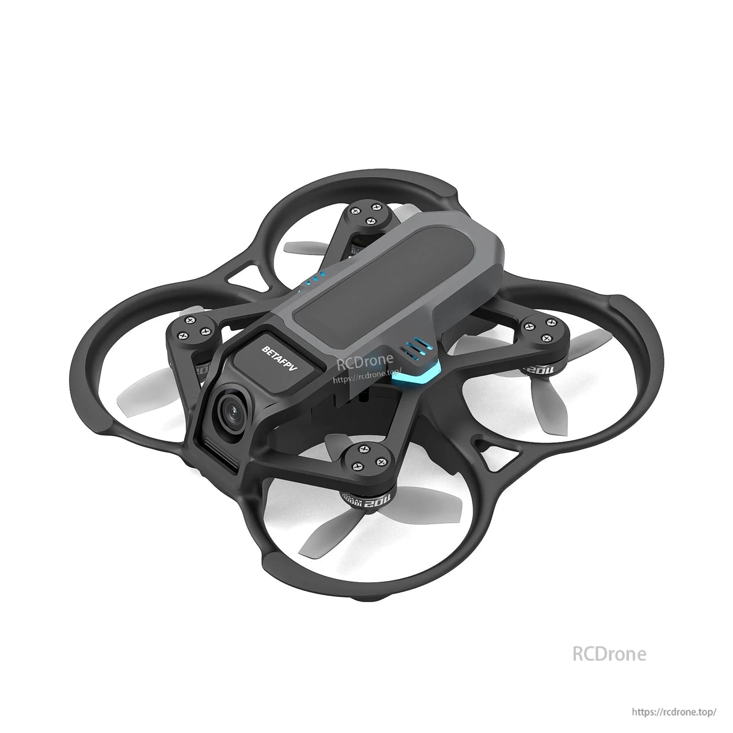 Ducted micro FPV whoop quadcopter with grey three-blade propellers installed, angled top view