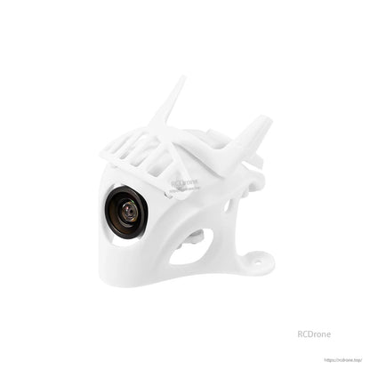 Micro FPV camera installed in white FPV canopy mount, front lens opening visible