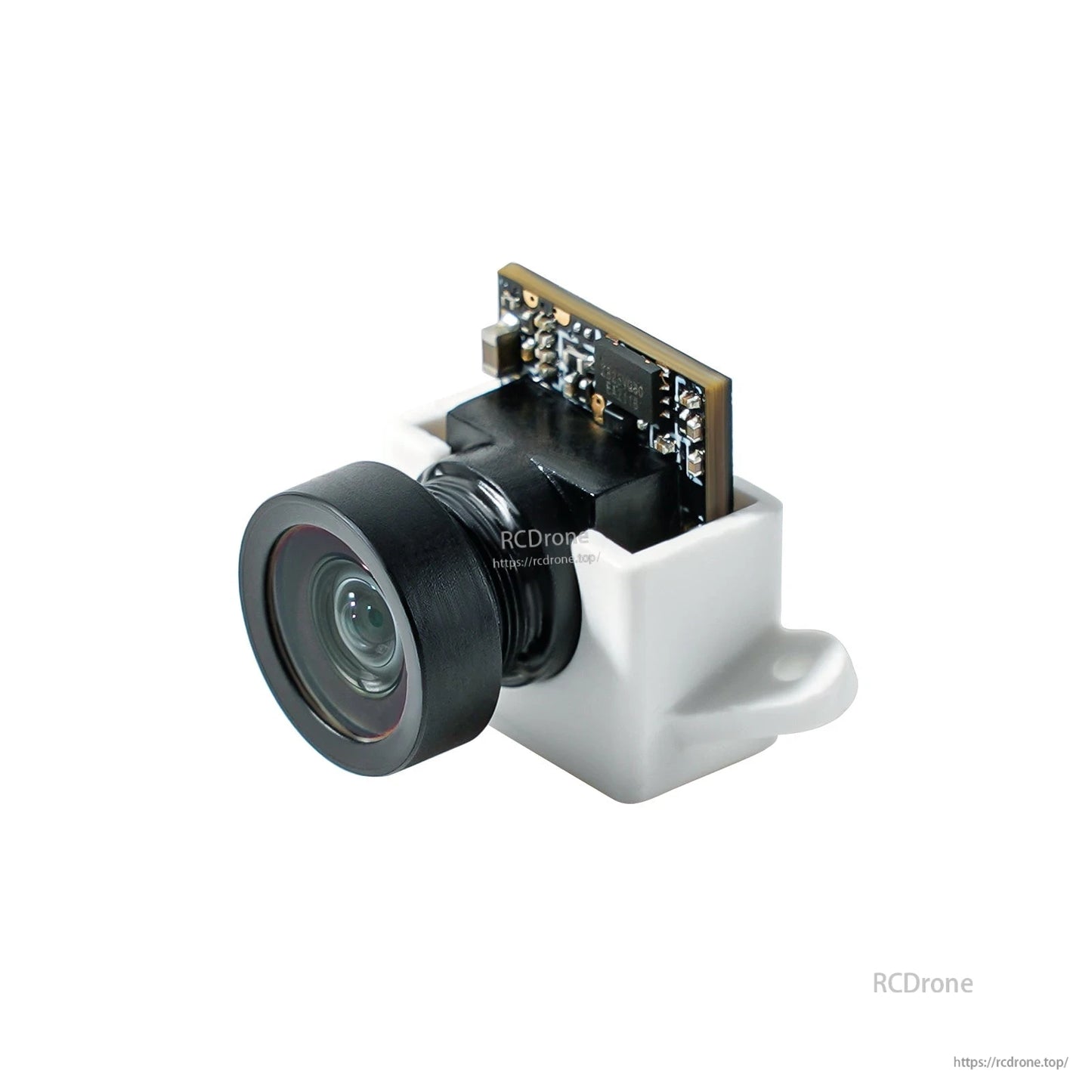 FPV micro camera fitted in white mounting bracket, angled view of lens and housing