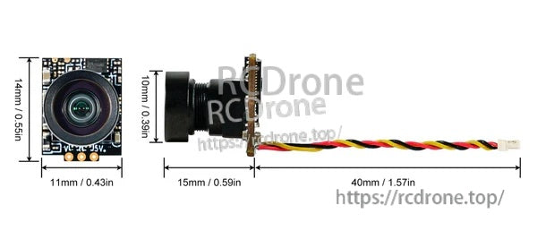 C03 micro FPV camera size and cable length reference with 11×15×14mm body and 40mm lead