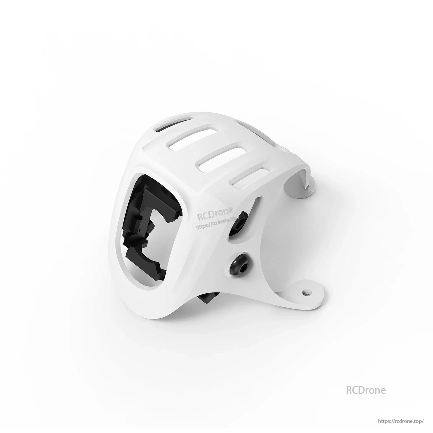White canopy with black internal camera mount insert, angled view of front opening and tabs