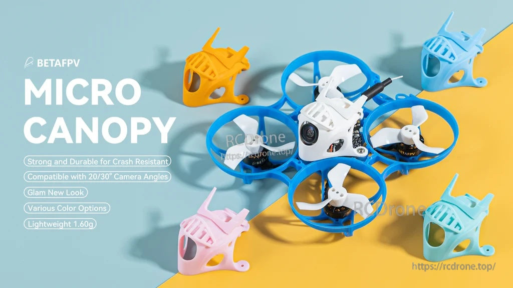 Micro canopy installed on a BETAFPV Meteor-style 1S whoop frame with micro FPV camera and ducts