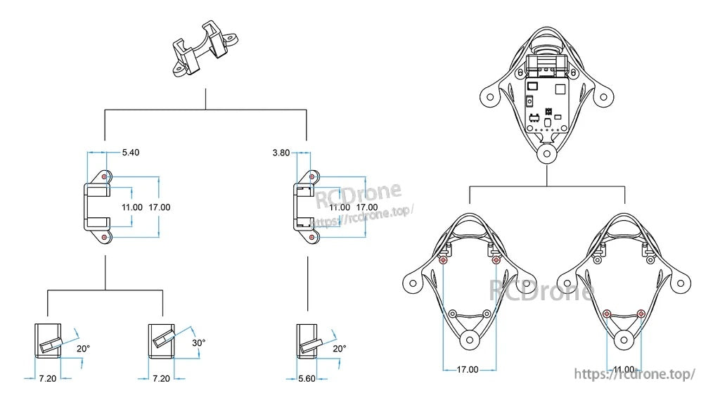 BETAFPV micro canopy technical drawing with dimensions and 20°/30° camera angle mount references