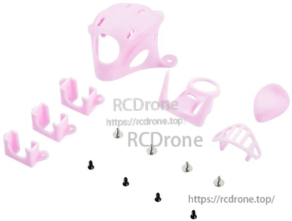 Pink micro FPV canopy kit with camera mounts, detachable decorative parts, and M1.4 screws included