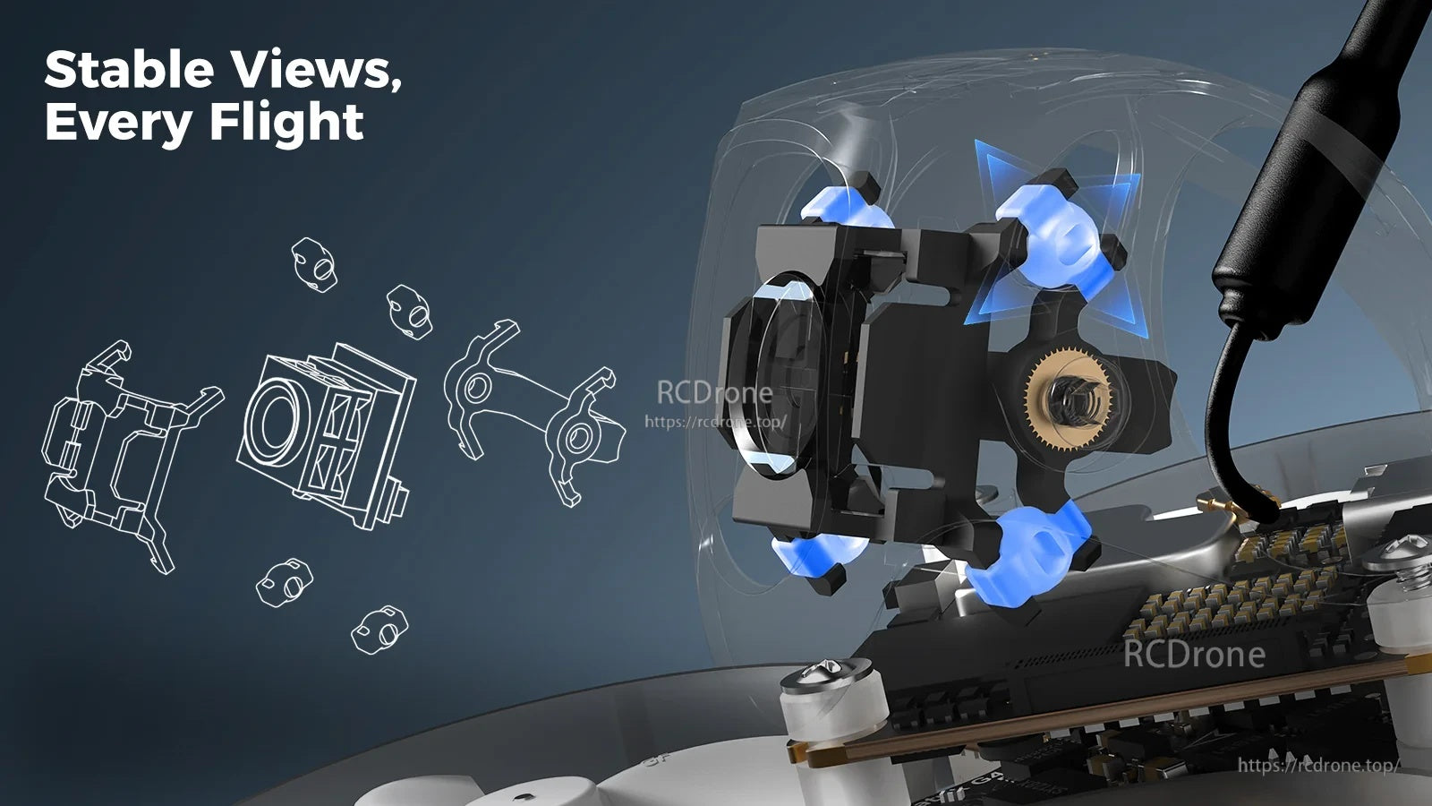 Exploded view of DJI O4 camera shock-absorbing installation with silicone balls for stable footage