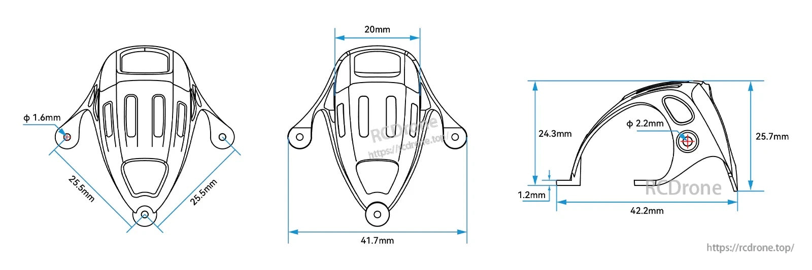 Canopy size and mounting layout with 41.7 mm width, 42.2 mm length, and 20 mm camera spacing