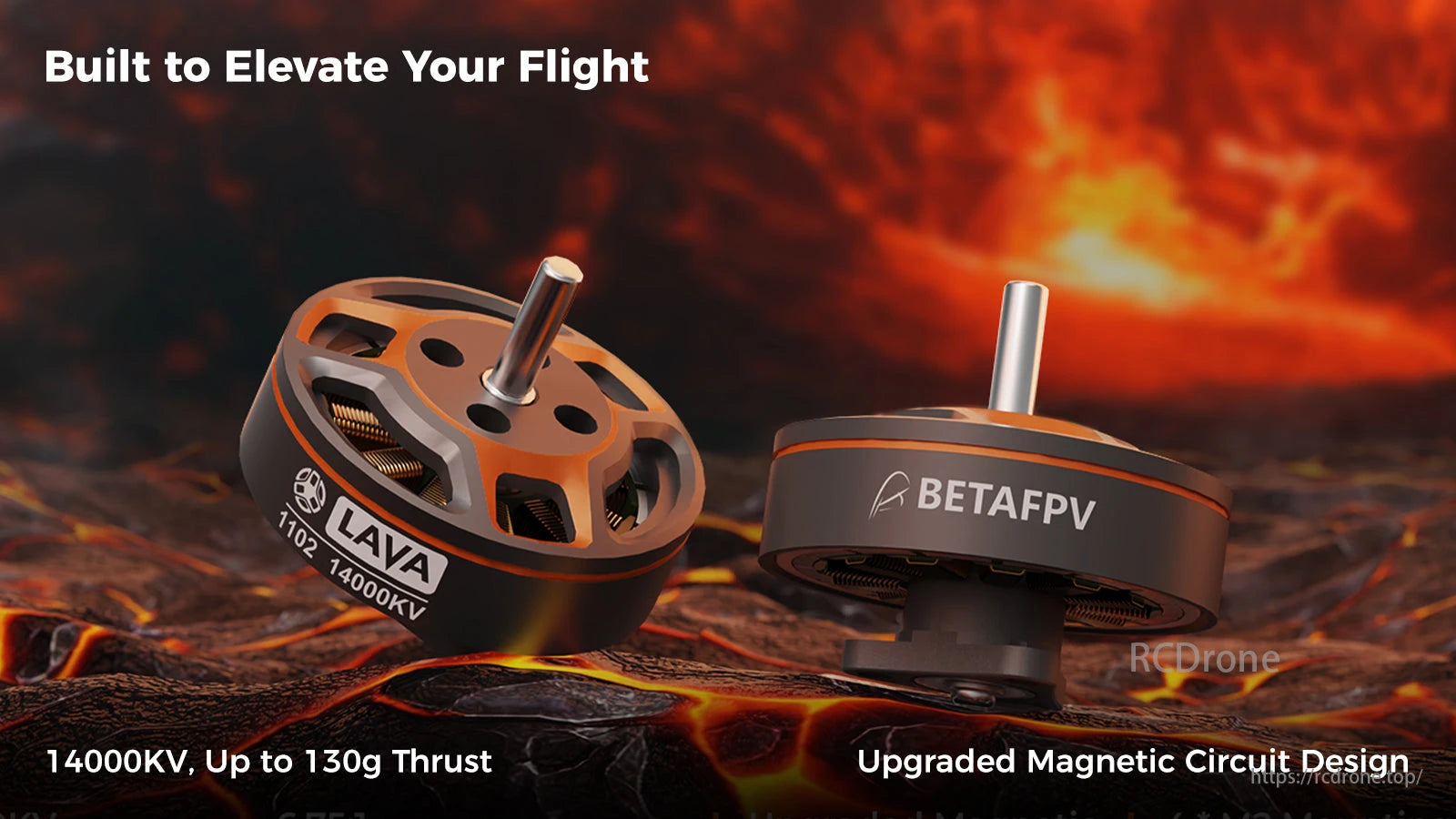 BetaFPV LAVA motor features 14000KV, 130g thrust, and an upgraded magnetic circuit design for enhanced performance.