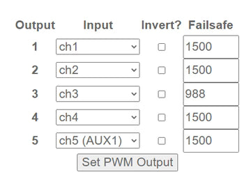 Receiver configuration screen for PWM output mapping and failsafe values across channels 1 to 5