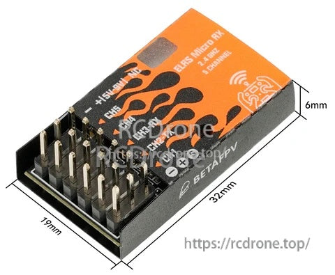 BETAFPV ELRS Micro RX dimensions: 32mm x 19mm footprint with 6mm thickness measurement callouts