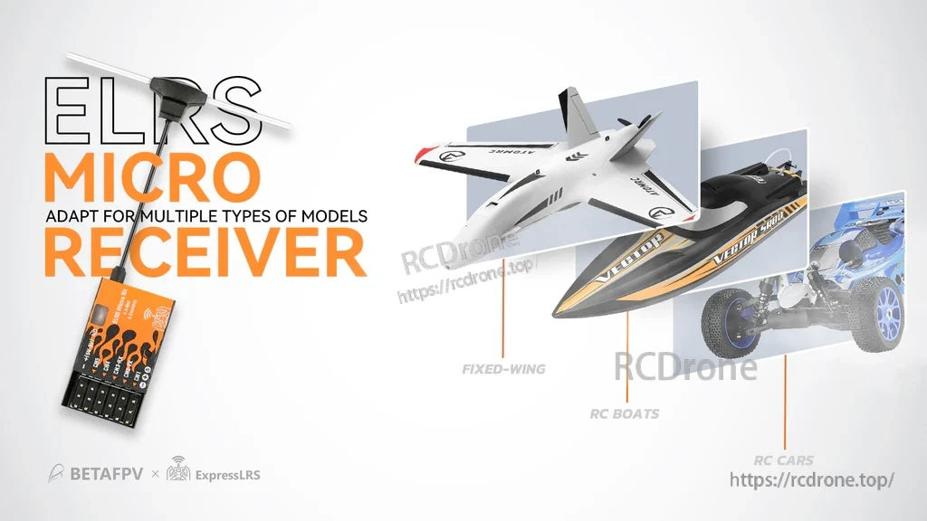 ELRS micro receiver application graphic for fixed-wing aircraft, RC boats, and RC cars