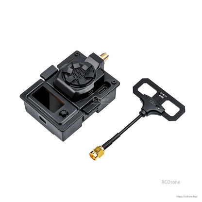 Black micro TX module with compact T-style antenna accessory and SMA connector lead