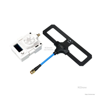 White micro TX module with large rectangular BETAFPV T-antenna and SMA connector lead