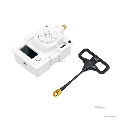 White micro TX module with compact T-style antenna accessory and SMA cable connector