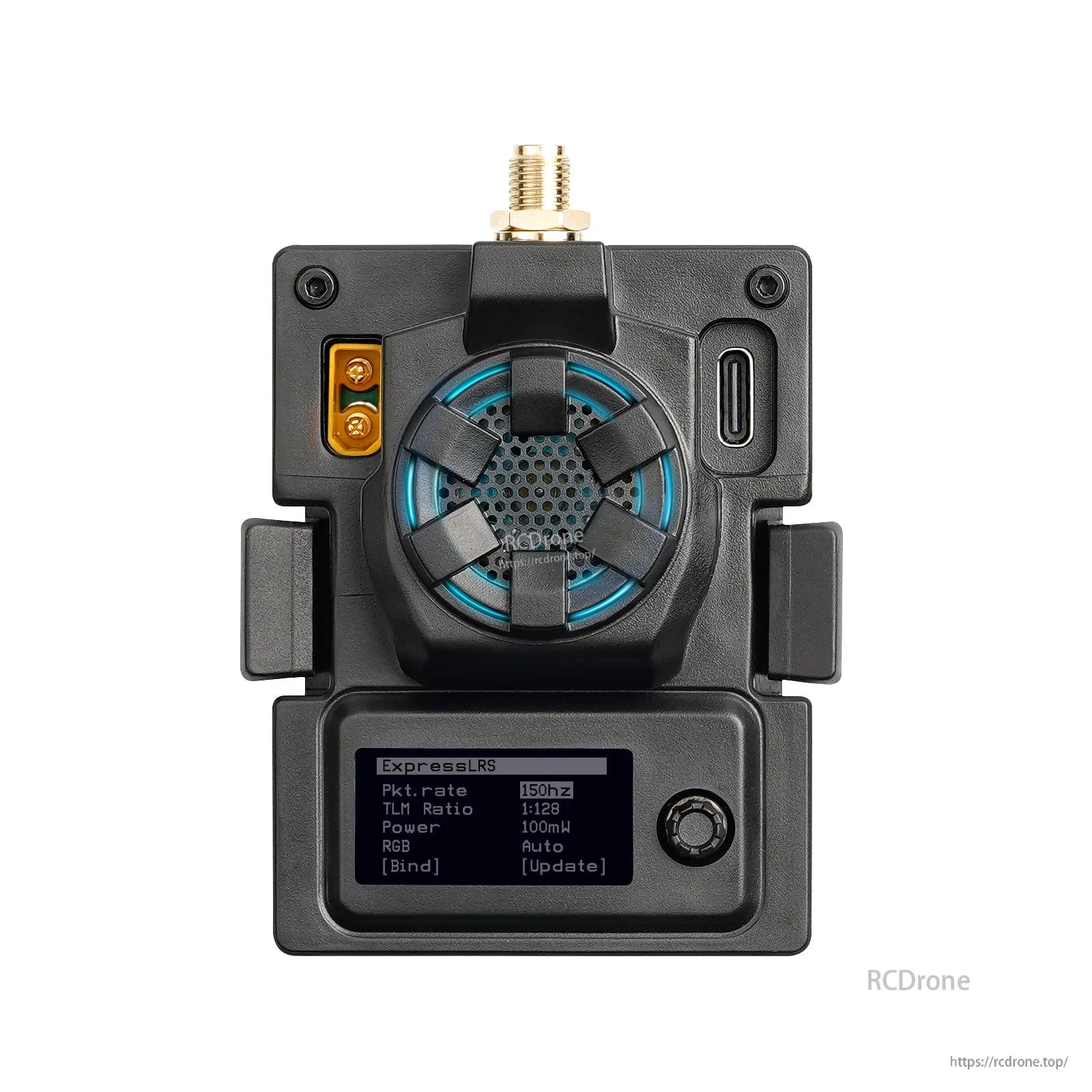Black ExpressLRS micro TX module front view with OLED display, USB-C port and SMA antenna connector