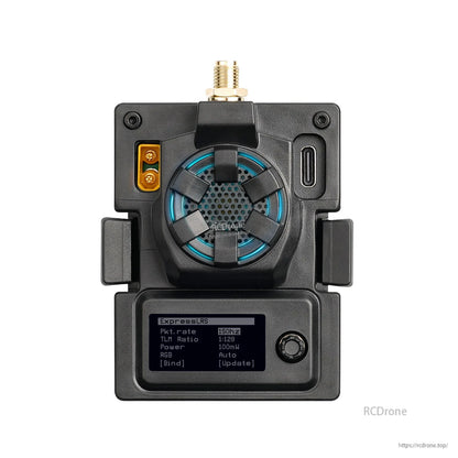Black ExpressLRS micro TX module front view with OLED display, USB-C port and SMA antenna connector