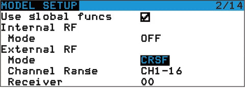 Radio model setup screen with External RF mode set to CRSF for using an ExpressLRS TX module