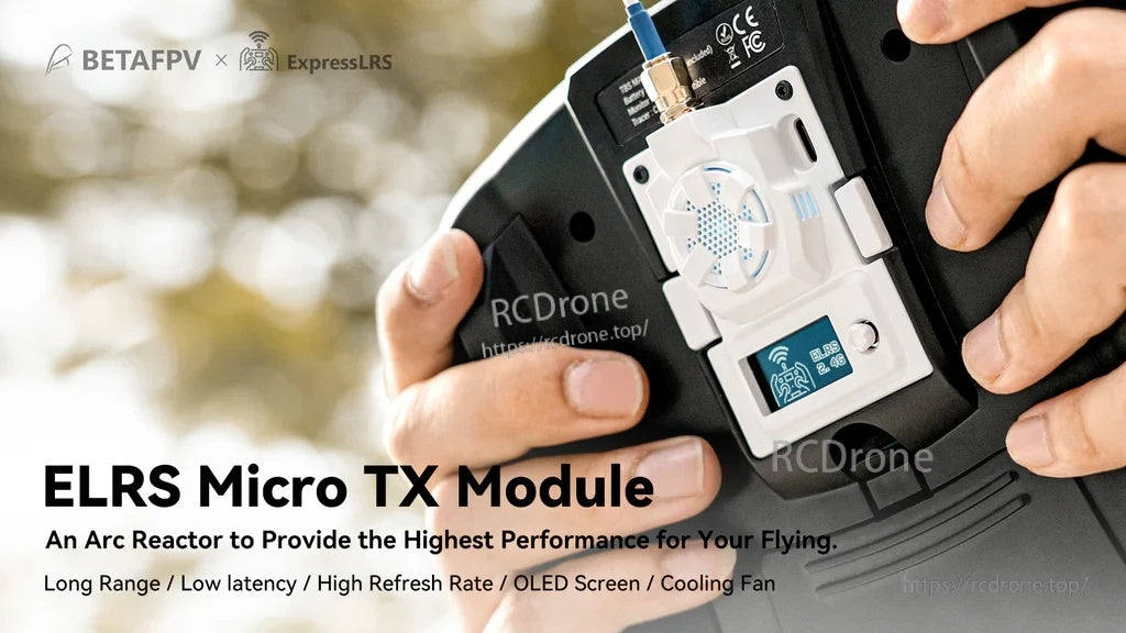 BetaFPV ELRS Micro TX Module (ExpressLRS) mounted on a radio transmitter with SMA antenna