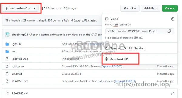 GitHub page with Download ZIP highlighted for BETAFPV ExpressLRS OLED menu firmware files