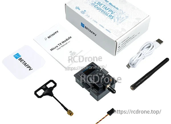 BetaFPV ExpressLRS Micro TX Module kit with antenna, USB-C cable, adapter lead, manual, and retail box