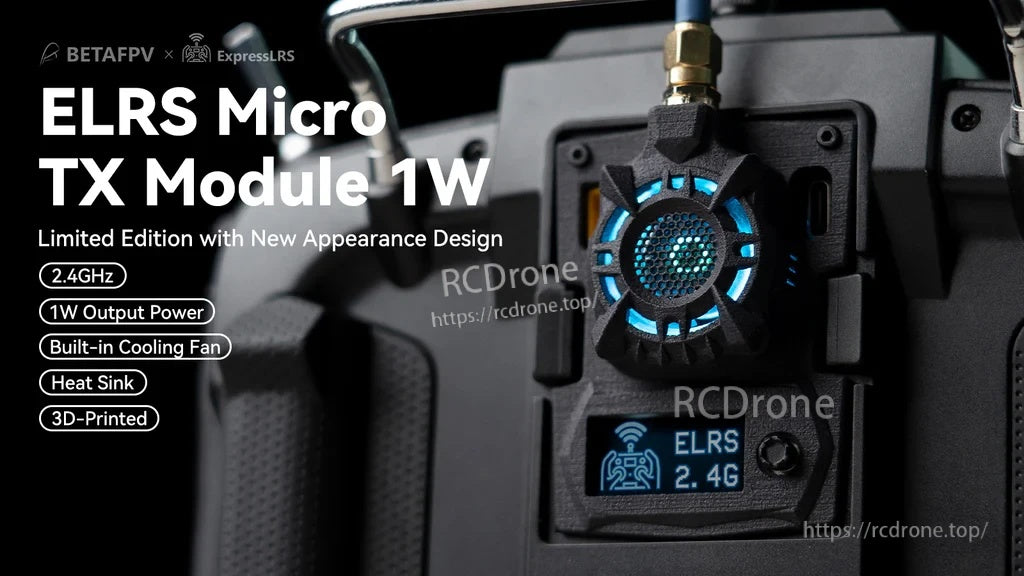 Limited edition ELRS Micro TX Module 1W with RGB fan lighting and 3D‑printed case on radio