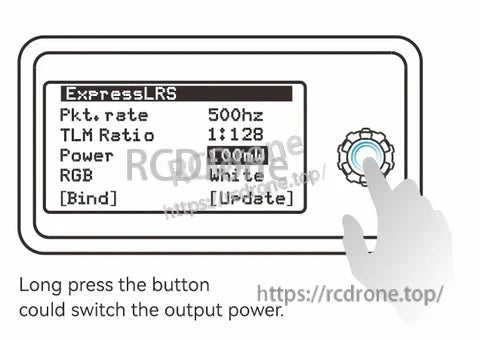 ExpressLRS micro TX module OLED screen with 5D button control, showing packet rate, power, RGB, bind/update menu