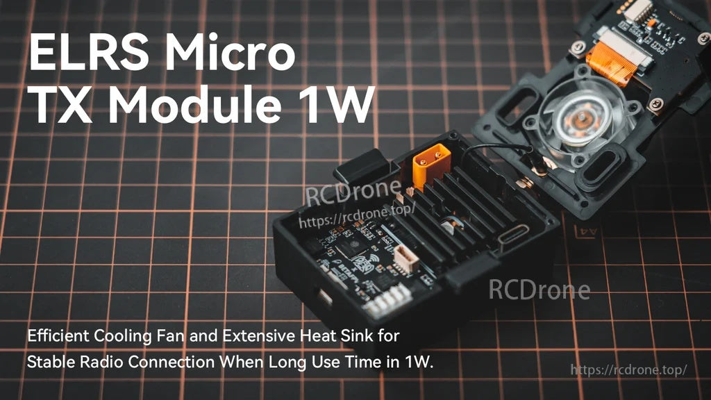 ELRS Micro TX Module 1W opened to show internal cooling fan and heat sink components