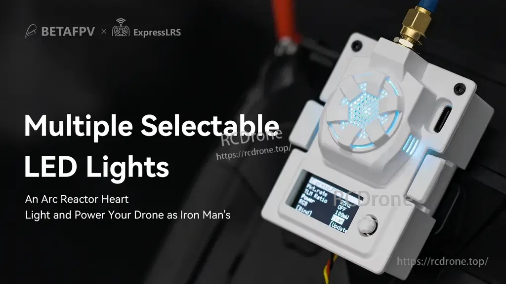 ELRS Micro TX Module with multiple selectable LED lights glowing through the fan grill