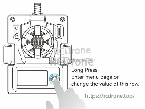 ELRS Micro TX Module control guide showing long-press on 5D button to enter menu or change values