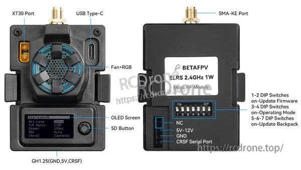 Black ELRS Micro TX Module 1W layout showing fan+RGB, USB‑C, XT30 port, OLED screen, and DIP switch block