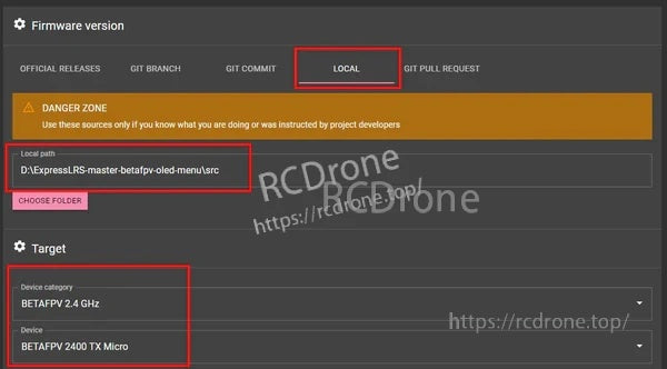 ExpressLRS Configurator screen selecting Local source and BETAFPV 2.4GHz / 2400 TX Micro target