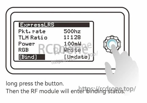 ExpressLRS OLED menu showing Bind option and instruction to long-press the 5D button to enter binding