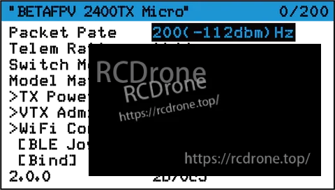 ExpressLRS screen header reading “BETAFPV 2400TX Micro” indicating selected TX module target