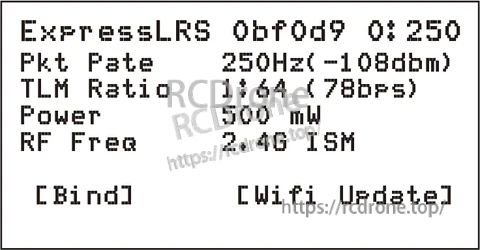 ExpressLRS OLED status screen showing packet rate, telemetry ratio, power level, and RF frequency band