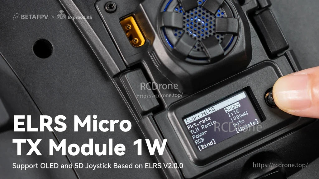 Close-up of ELRS Micro TX Module 1W OLED screen and 5D button on radio, ELRS v2.0.0 support text