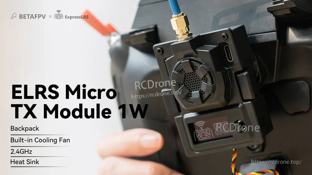 ELRS Micro TX Module 1W installed on transmitter, showing cooling fan, Type‑C port, and OLED screen