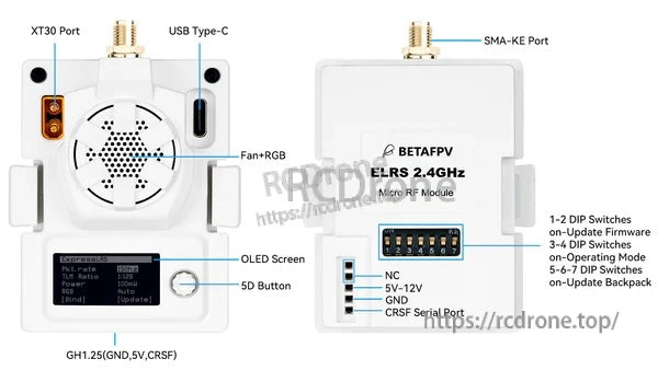 ELRS Micro TX Module port and control layout: XT30 power, USB‑C, SMA‑KE, OLED screen, 5D button, DIP switches