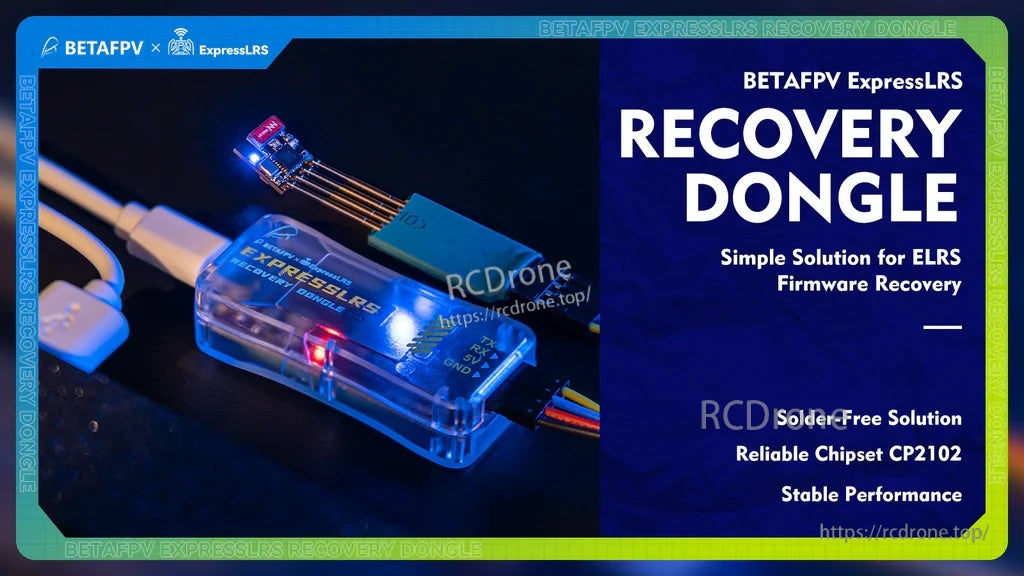 BETAFPV ExpressLRS recovery dongle CP2102 USB‑C to TTL adapter connected for ELRS firmware recovery