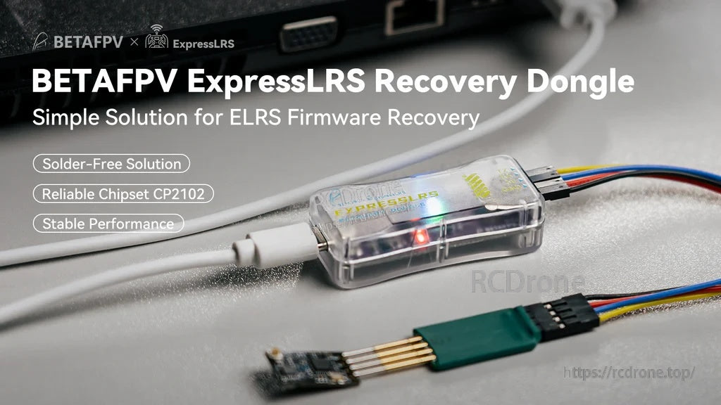 BETAFPV ExpressLRS recovery dongle on desk with USB‑C cable, status LED, and spring probe connection