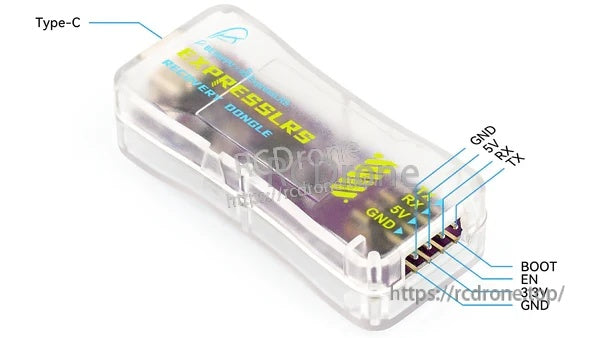 Close-up of Type‑C connector and pinout labels including GND, 5V, RX, TX, BOOT, EN, 3.3V on probe board