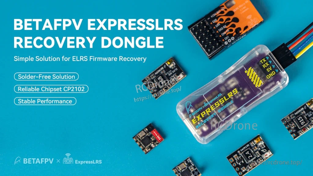 BETAFPV ExpressLRS recovery dongle in clear case alongside multiple ELRS receiver boards on blue background