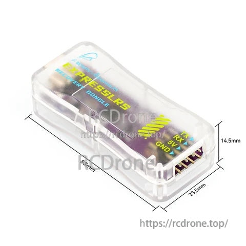 ExpressLRS recovery dongle in clear case with labeled TX/RX/5V/GND header and size dimensions