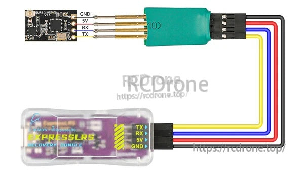 Wiring example of recovery dongle header to receiver pads using spring probe board with GND, 5V, RX, TX labels