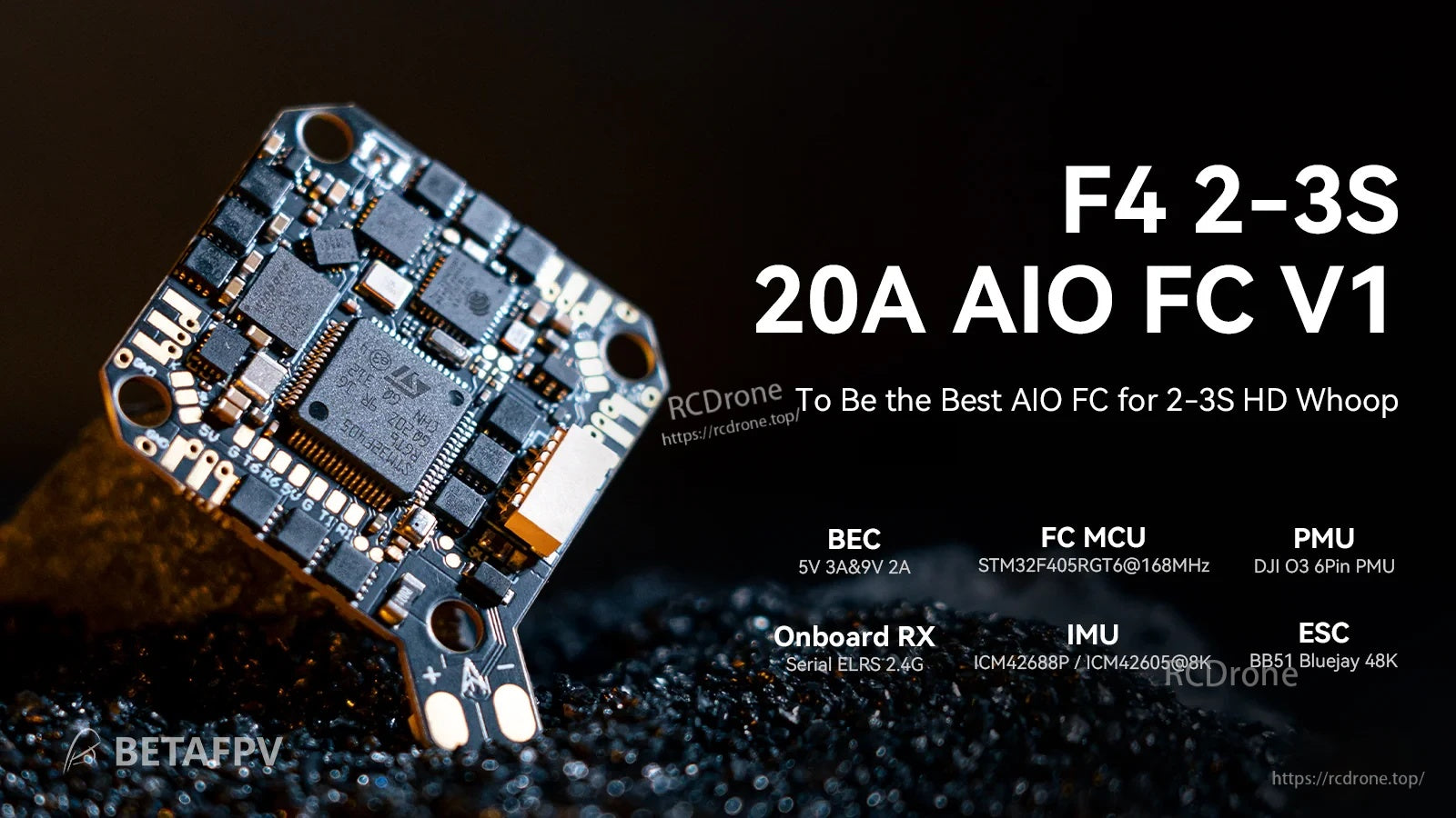 BETAFPV F4 2-3S 20A AIO Flight Controller V1 board close-up with labeled BEC, MCU, IMU, RX, and ESC
