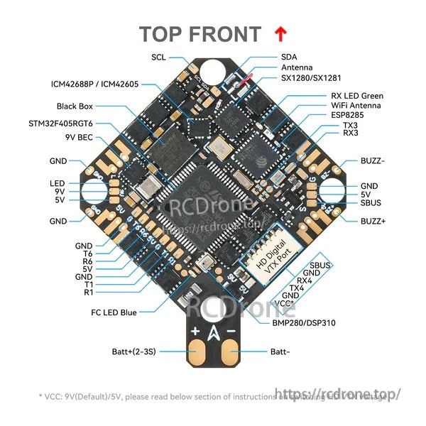 Top-side pinout for the AIO FC with labeled pads: battery, HD digital VTX port, UARTs, I2C, SBUS, LEDs, and buzzer