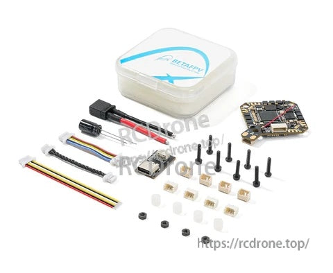 Package contents with BETAFPV AIO flight controller, cables, connectors, mounting hardware, and storage case