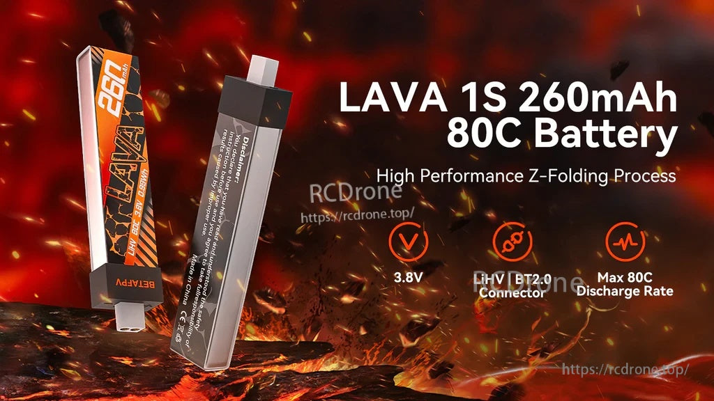 BetaFPV LAVA 1S 260mAh 80C LiHV Battery with BT2.0 connector, 3.8V rated, high-performance Z-Folding