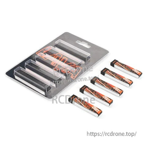 Five-pack of BetaFPV LAVA 1S 260mAh 80C LiHV batteries arranged in a tray, each with BT2.0 connector