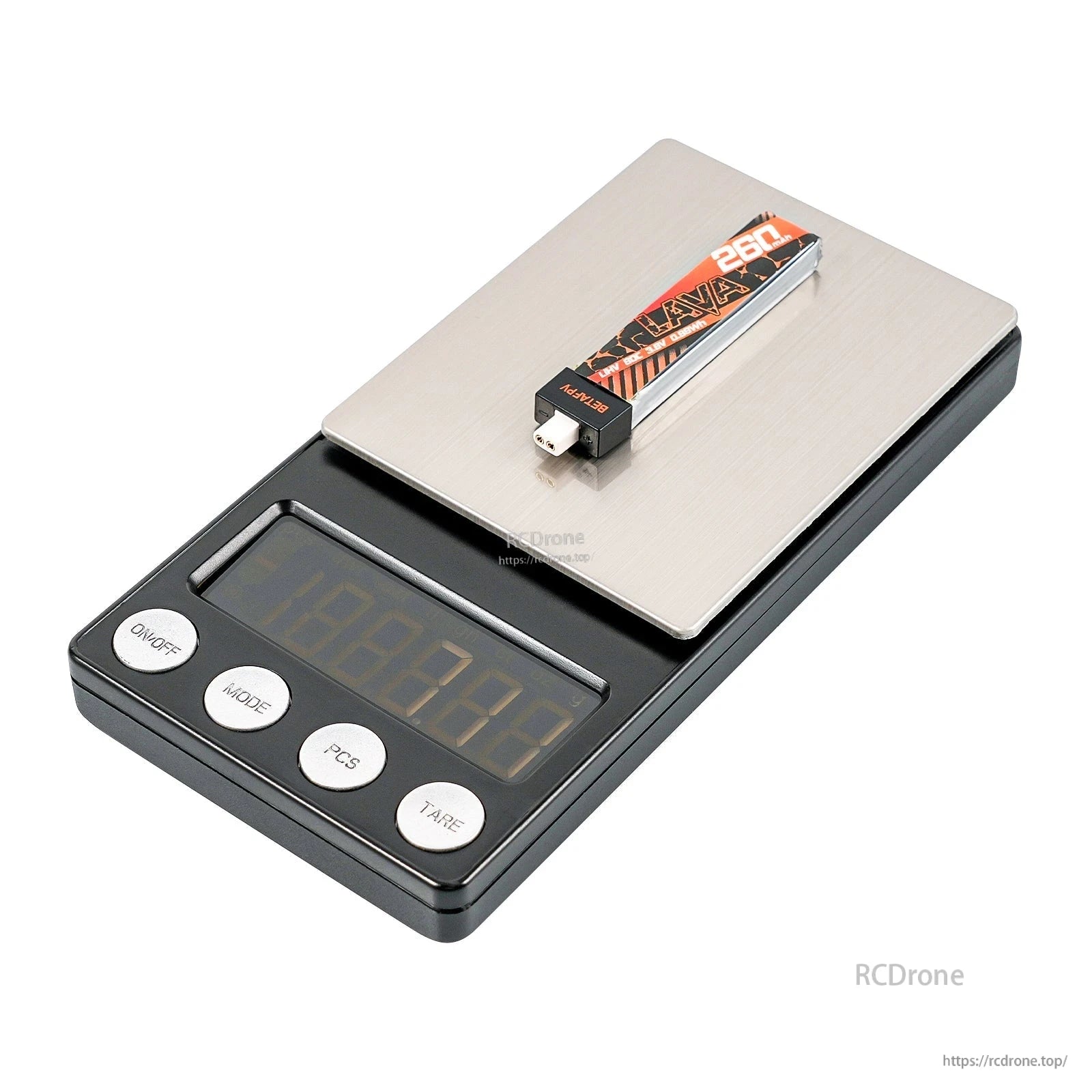 BetaFPV LAVA 1S 260mAh 80C LiHV Battery on a digital scale for weight reference