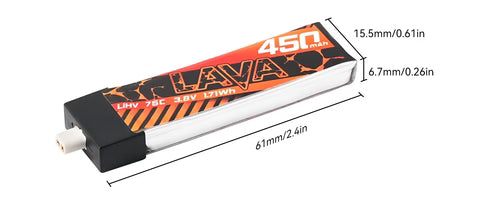 LAVA 1S 450mAh LiHV battery size details: 61mm long, 15.5mm wide, 6.7mm thick (BT2.0)